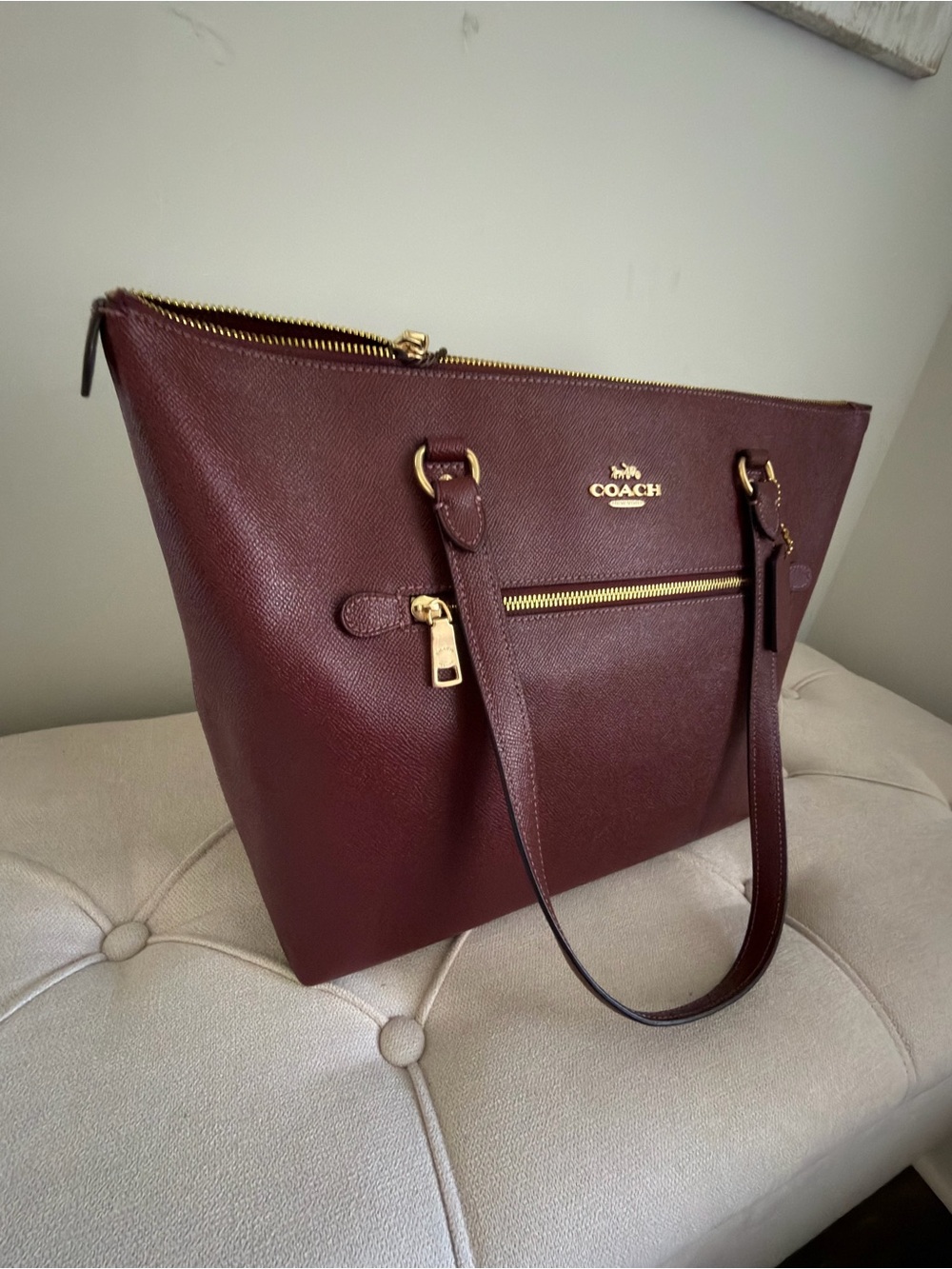 Coach Leather Tote in Deep Burgundy with Gold Hardware